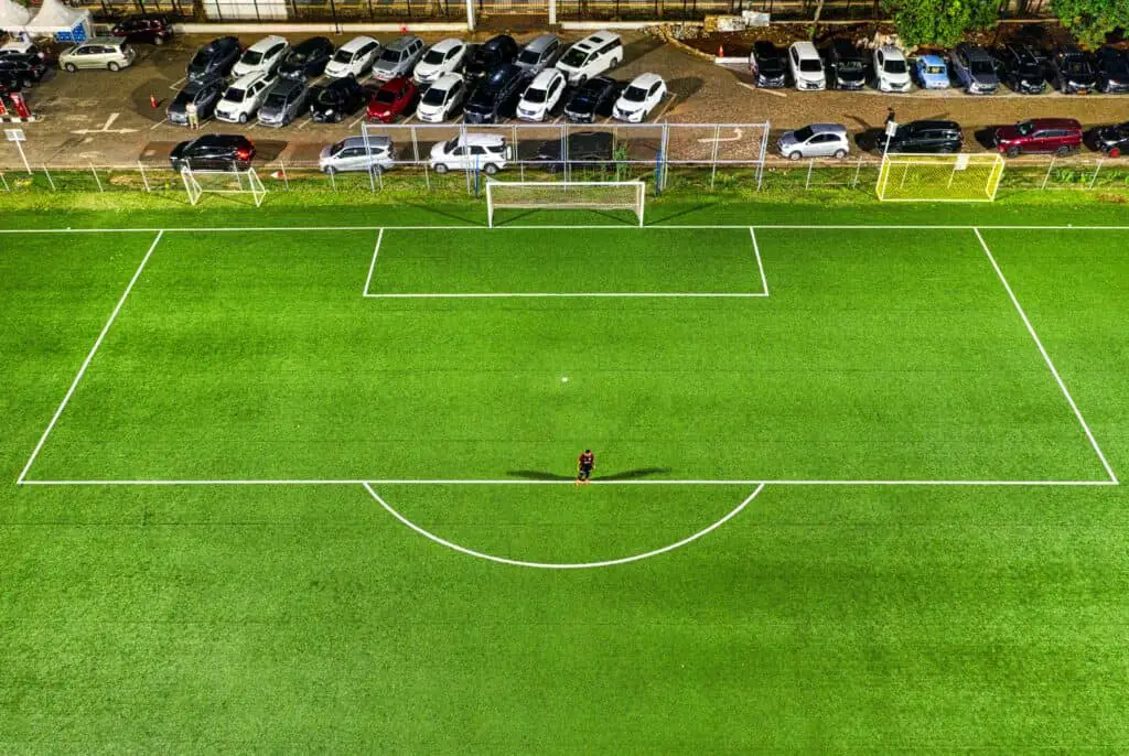 Finishing in soccer occurs within the penalty area, a designated, outlined 18-yard area at either end of a soccer field.