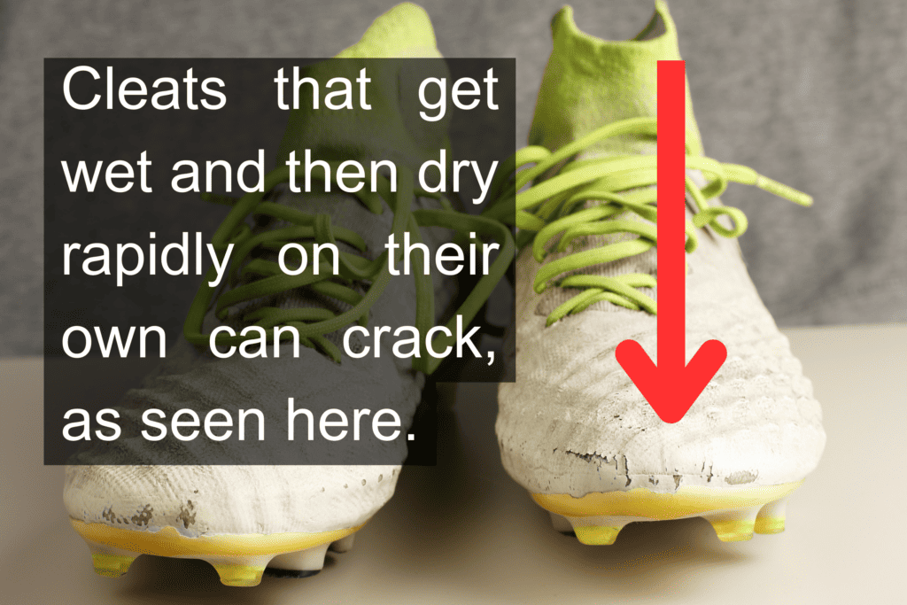 A pair of soccer cleats with a caption reading, "Cleats that get wet and then dry rapidly on their own crack, as seen here."