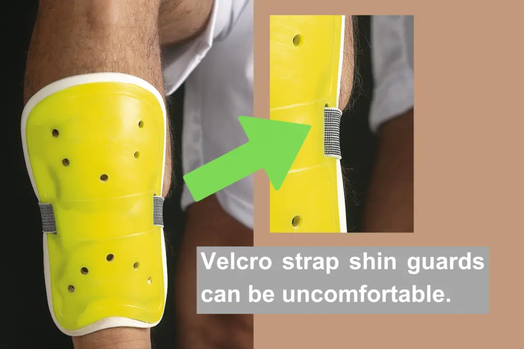 A person wears a yellow shin guard with a Velcro strap. A green arrow points to a magnified version of the image with a caption reading "Velcro strap shin guards can be uncomfortable."